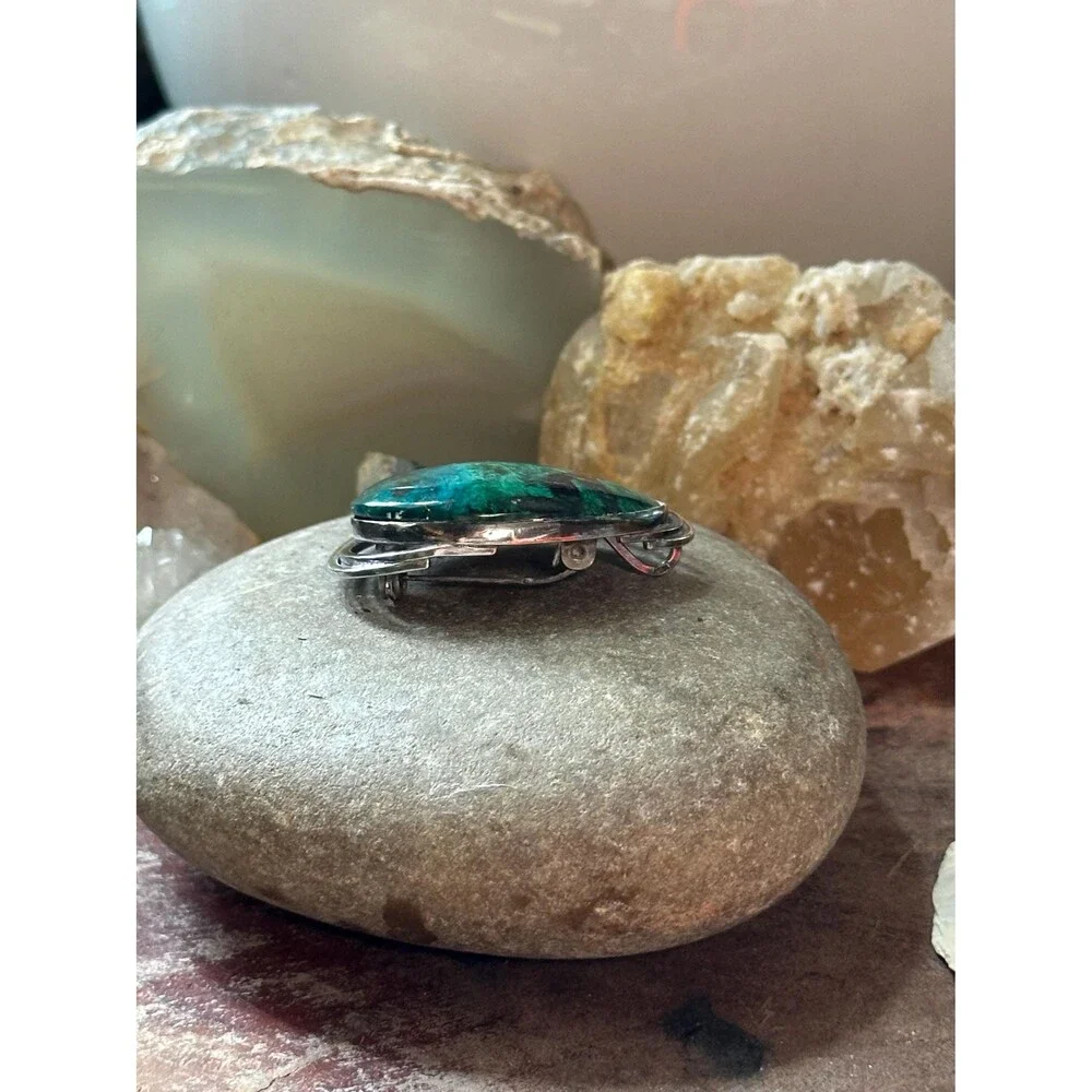 Vintage Israeli 925 Sterling Silver Brooch Pendant – Blue Green Chrysocolla Eila